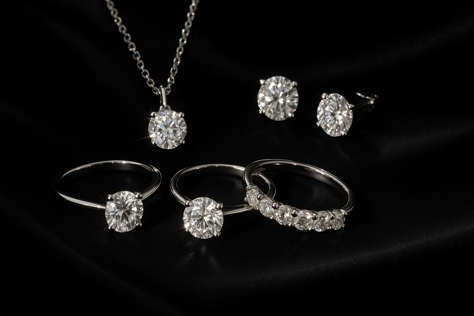 Silver jewelry set including rings, a necklace, and earrings on a black background